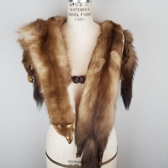 Vintage 1930's Full Mink Fur 3 Pelt Stole Scarf with Heads, Tails & Feet - Picture 2 of 12